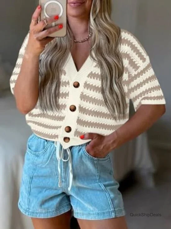 Crochet Knit Cardigan Sweater Short Sleeve V-Neck Button Down - Picture 2 of 7